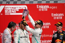 The podium (L to R): James Allison (GBR) Mercedes AMG F1 Technical Director; Lewis Hamilton (GBR) Mercedes AMG F1, second and World Champion; Valtteri Bottas (FIN) Mercedes AMG F1, race winner; Max Verstappen (NLD) Red Bull Racing, third.                                03.11.2019. Formula 1 World Championship, Rd 19, United States Grand Prix, Austin, Texas, USA, Race Day.