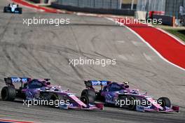 Lance Stroll (CDN) Racing Point F1 Team RP19 and Sergio Perez (MEX) Racing Point F1 Team RP19 battle for position.                                03.11.2019. Formula 1 World Championship, Rd 19, United States Grand Prix, Austin, Texas, USA, Race Day.
