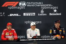 Qualifying top three in the FIA Press Conference (L to R): Sebastian Vettel (GER) Ferrari, second; Valtteri Bottas (FIN) Mercedes AMG F1, pole position; Max Verstappen (NLD) Red Bull Racing, third. 02.11.2019. Formula 1 World Championship, Rd 19, United States Grand Prix, Austin, Texas, USA, Qualifying Day.