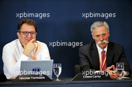 (L to R): Nicholas Tombazis (GRE) FIA Head of Single-Seater Technical Matters and Chase Carey (USA) Formula One Group Chairman at a 2021 Regulations Press Conference. 31.10.2019. Formula 1 World Championship, Rd 19, United States Grand Prix, Austin, Texas, USA, Preparation Day.