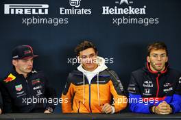 (L to R): Max Verstappen (NLD) Red Bull Racing; Lando Norris (GBR) McLaren; and Pierre Gasly (FRA) Scuderia Toro Rosso, in the FIA Press Conference. 31.10.2019. Formula 1 World Championship, Rd 19, United States Grand Prix, Austin, Texas, USA, Preparation Day.