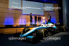 (L to R): George Russell (GBR) Williams Racing; Robert Kubica (POL) Williams Racing; Jonathan Kendrick (GBR) ROK Group Chairman; Claire Williams (GBR) Williams Racing Deputy Team Principal. 11.02.2019. Williams Racing Livery Unveil, Williams Racing Headquarters, Grove, England.