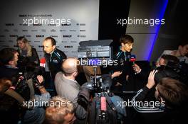 (L to R): Robert Kubica (POL) Williams Racing and team mate George Russell (GBR) Williams Racing with the media. 11.02.2019. Williams Racing Livery Unveil, Williams Racing Headquarters, Grove, England.