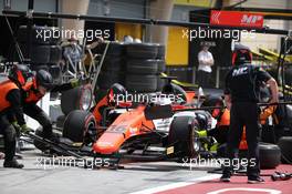 Race 1, Pit stop, Jordan King (GBR) MP Motorsport 30.03.2019. FIA Formula 2 Championship, Rd 1, Sakhir, Bahrain, Saturday.
