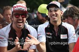(L to R): Fernando Alonso (ESP) Toyota Gazoo Racing and Sebastien Buemi (SUI) Toyota Gazoo Racing at the parade. 14.06.2019. FIA World Endurance Championship, Le Mans 24 Hours, Parade Day, Le Mans, France. Friday.