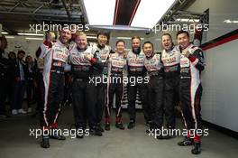 (L to R): Jose Maria Lopez (ARG); Mike Conway (GBR); and Kamui Kobayashi (JPN) #07 Toyota Gazoo Racing Toyota TS050 Hybrid, celebrate pole position with the team. 13.06.2019. FIA World Endurance Championship, Le Mans 24 Hours, Qualifying, Le Mans, France. Thursday.