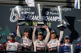 (L to R): Race winners Sebastien Buemi (SUI); Fernando Alonso (ESP); and Kazuki Nakajima (JPN) #08 Toyota Gazoo Racing Toyota TS050 Hybrid, celebrate on the podium. 04.05.2019. FIA World Endurance Championship, Round 7, Spa-Francorchamps, Belgium, Saturday.
