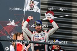 Race winner Fernando Alonso (ESP) Toyota Gazoo Racing celebrates on the podium. 04.05.2019. FIA World Endurance Championship, Round 7, Spa-Francorchamps, Belgium, Saturday.