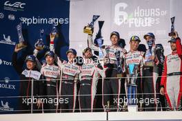 The podium (L to R): Shigeki Tomoyama (JPN) President, Gazoo Racing Company; Kamui Kobayashi (JPN); Mike Conway (GBR); Jose Maria Lopez (ARG) #07 Toyota Gazoo Racing, second; Brendon Hartley (NZL); Kazuki Nakajima (JPN); Sebastien Buemi (SUI) #08 Toyota Gazoo Racing, race winners; Bruno Senna (BRA) #01 Rebellion Racing, third. 06.10.2019. FIA World Endurance Championship, Round 2, Six Hours of Fuji, Fuji, Japan, Sunday.