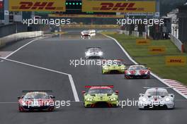 (L to R): James Calado (GBR) / Alessandro Pier Guidi (ITA) #51 AF Corse Ferrari 488 GTE EVO; Nicki Thiim (DEN) / Marco Sorensen (DEN) #95 Aston Martin Racing, Aston Martin Vantage AMR; and Richard Lietz (AUT) / Gianmaria Bruni (ITA) #91 Porsche GT Team, Porsche 911 RSR. 06.10.2019. FIA World Endurance Championship, Round 2, Six Hours of Fuji, Fuji, Japan, Sunday.