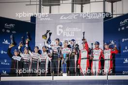 The podium (L to R): Shigeki Tomoyama (JPN) President, Gazoo Racing Company; Kamui Kobayashi (JPN); Mike Conway (GBR); Jose Maria Lopez (ARG) #07 Toyota Gazoo Racing, second; Brendon Hartley (NZL); Kazuki Nakajima (JPN); Sebastien Buemi (SUI) #08 Toyota Gazoo Racing, race winners; Bruno Senna (BRA); Norman Nato (FRA); Gustavo Menezes (USA) #01 Rebellion Racing, third. 06.10.2019. FIA World Endurance Championship, Round 2, Six Hours of Fuji, Fuji, Japan, Sunday.