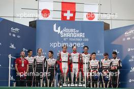 The podium (L to R): Sebastien Buemi (SUI), Brendon Hartley (NZL), Kazuki Nakajima (JPN) #08 Toyota Gazoo Racing, second; Gustavo Menezes (USA), Norman Nato (FRA), Bruno Senna (BRA) #01 Rebellion Racing, race winners; Kamui Kobayashi (JPN), Mike Conway (GBR), Jose Maria Lopez (ARG) #07 Toyota Gazoo Racing, third. 10.11.2019. FIA World Endurance Championship, Round 3, Four Hours of Shanghai, Shanghai, China, Sunday.