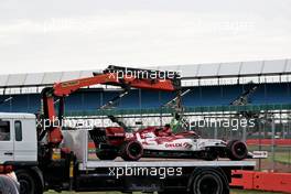 The Alfa Romeo Racing C39 of Antonio Giovinazzi (ITA) Alfa Romeo Racing is recovered back to the pits on the back of a truck in the second practice session.                                07.08.2020. Formula 1 World Championship, Rd 5, 70th Anniversary Grand Prix, Silverstone, England, Practice Day.
