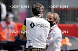 Cyril Abiteboul (FRA) Renault Sport F1 Managing Director with Alain Prost (FRA) Renault F1 Team Non-Executive Director on the grid.                                09.08.2020. Formula 1 World Championship, Rd 5, 70th Anniversary Grand Prix, Silverstone, England, Race Day.