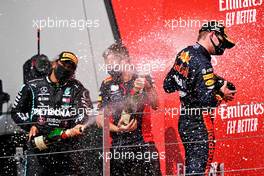 (L to R): Second placed Lewis Hamilton (GBR) Mercedes AMG F1 celebrates with race winner Max Verstappen (NLD) Red Bull Racing.                                09.08.2020. Formula 1 World Championship, Rd 5, 70th Anniversary Grand Prix, Silverstone, England, Race Day.