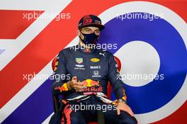 Max Verstappen (NLD) Red Bull Racing in the post race FIA Press Conference. 09.08.2020. Formula 1 World Championship, Rd 5, 70th Anniversary Grand Prix, Silverstone, England, Race Day.