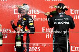 1st place Max Verstappen (NLD) Red Bull Racing RB16 and Lewis Hamilton (GBR) Mercedes AMG F1 W11.  09.08.2020. Formula 1 World Championship, Rd 5, 70th Anniversary Grand Prix, Silverstone, England, Race Day.