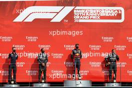 The podium (L to R): Will Courtenay, Red Bull Racing Head of Race Strategy; Lewis Hamilton (GBR) Mercedes AMG F1, second; Max Verstappen (NLD) Red Bull Racing, race winner; Valtteri Bottas (FIN) Mercedes AMG F1, third. 09.08.2020. Formula 1 World Championship, Rd 5, 70th Anniversary Grand Prix, Silverstone, England, Race Day.