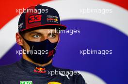 Max Verstappen (NLD) Red Bull Racing in the post race FIA Press Conference. 09.08.2020. Formula 1 World Championship, Rd 5, 70th Anniversary Grand Prix, Silverstone, England, Race Day.