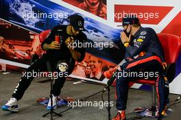 (L to R): Lewis Hamilton (GBR) Mercedes AMG F1 and Max Verstappen (NLD) Red Bull Racing in the post race FIA Press Conference. 09.08.2020. Formula 1 World Championship, Rd 5, 70th Anniversary Grand Prix, Silverstone, England, Race Day.