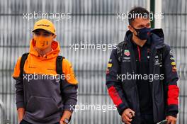 (L to R): Lando Norris (GBR) McLaren with Alexander Albon (THA) Red Bull Racing. 09.08.2020. Formula 1 World Championship, Rd 5, 70th Anniversary Grand Prix, Silverstone, England, Race Day.