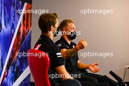 (L to R): Romain Grosjean (FRA) Haas F1 Team and team mate Kevin Magnussen (DEN) Haas F1 Team in the FIA Press Conference. 06.08.2020. Formula 1 World Championship, Rd 5, 70th Anniversary Grand Prix, Silverstone, England, Preparation Day.
