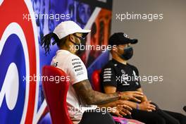 Lewis Hamilton (GBR) Mercedes AMG F1 and Valtteri Bottas (FIN) Mercedes AMG F1 in the FIA Press Conference. 06.08.2020. Formula 1 World Championship, Rd 5, 70th Anniversary Grand Prix, Silverstone, England, Preparation Day.