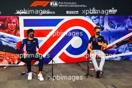 (L to R): Lance Stroll (CDN) Racing Point F1 Team and Nico Hulkenberg (GER) Racing Point F1 Team in the FIA Press Conference. 06.08.2020. Formula 1 World Championship, Rd 5, 70th Anniversary Grand Prix, Silverstone, England, Preparation Day.