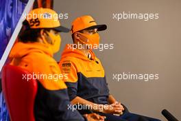 Lando Norris (GBR) McLaren and team mate Carlos Sainz Jr (ESP) McLaren in the FIA Press Conference. 06.08.2020. Formula 1 World Championship, Rd 5, 70th Anniversary Grand Prix, Silverstone, England, Preparation Day.