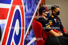 (L to R): Max Verstappen (NLD) Red Bull Racing and Alexander Albon (THA) Red Bull Racing in the FIA Press Conference. 06.08.2020. Formula 1 World Championship, Rd 5, 70th Anniversary Grand Prix, Silverstone, England, Preparation Day.