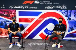 (L to R): Nicholas Latifi (CDN) Williams Racing and George Russell (GBR) Williams Racing in the FIA Press Conference. 06.08.2020. Formula 1 World Championship, Rd 5, 70th Anniversary Grand Prix, Silverstone, England, Preparation Day.