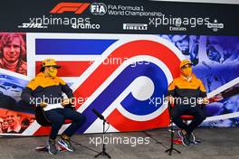 (L to R): Carlos Sainz Jr (ESP) McLaren with team mate Lando Norris (GBR) McLaren in the FIA Press Conference. 06.08.2020. Formula 1 World Championship, Rd 5, 70th Anniversary Grand Prix, Silverstone, England, Preparation Day.