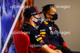 (L to R): Max Verstappen (NLD) Red Bull Racing and Alexander Albon (THA) Red Bull Racing in the FIA Press Conference. 06.08.2020. Formula 1 World Championship, Rd 5, 70th Anniversary Grand Prix, Silverstone, England, Preparation Day.