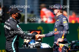 (L to R): second placed Lewis Hamilton (GBR) Mercedes AMG F1 with third placed Max Verstappen (NLD) Red Bull Racing in qualifying parc ferme. 04.07.2020. Formula 1 World Championship, Rd 1, Austrian Grand Prix, Spielberg, Austria, Qualifying Day.