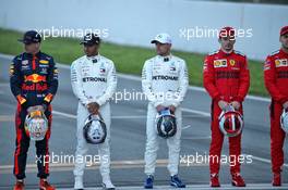 (L to R): Max Verstappen (NLD) Red Bull Racing; Lewis Hamilton (GBR) Mercedes AMG F1; Valtteri Bottas (FIN) Mercedes AMG F1; Charles Leclerc (MON) Ferrari, at a drivers group photograph. 19.02.2020. Formula One Testing, Day One, Barcelona, Spain. Wednesday.