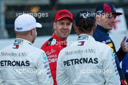(L to R): Valtteri Bottas (FIN) Mercedes AMG F1 with Sebastian Vettel (GER) Ferrari and Lewis Hamilton (GBR) Mercedes AMG F1. 19.02.2020. Formula One Testing, Day One, Barcelona, Spain. Wednesday.