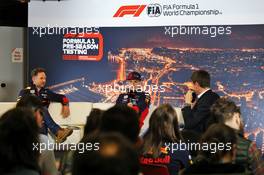 (L to R): Christian Horner (GBR) Red Bull Racing Team Principal with Max Verstappen (NLD) Red Bull Racing in the FIA Press Conference. 28.02.2020. Formula One Testing, Day Three, Barcelona, Spain. Friday.