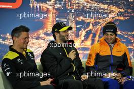 The FIA Press Conference (L to R): Marcin Budkowski (POL) Renault F1 Team Executive Director; Daniel Ricciardo (AUS) Renault F1 Team; Carlos Sainz Jr (ESP) McLaren. 26.02.2020. Formula One Testing, Day One, Barcelona, Spain. Wednesday.
