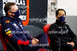 (L to R): Christian Horner (GBR) Red Bull Racing Team Principal and Toyoharu Tanabe (JPN) Honda Racing F1 Technical Director in the FIA Press Conference. 28.08.2020. Formula 1 World Championship, Rd 7, Belgian Grand Prix, Spa Francorchamps, Belgium, Practice Day.
