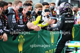 Race winner Lewis Hamilton (GBR) Mercedes AMG F1 celebrates with the team in parc ferme. 30.08.2020. Formula 1 World Championship, Rd 7, Belgian Grand Prix, Spa Francorchamps, Belgium, Race Day.
