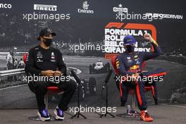 (L to R): Lewis Hamilton (GBR) Mercedes AMG F1 and Max Verstappen (NLD) Red Bull Racing in the post race FIA Press Conference. 30.08.2020. Formula 1 World Championship, Rd 7, Belgian Grand Prix, Spa Francorchamps, Belgium, Race Day.