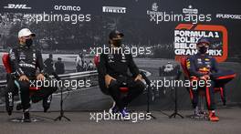 The post race FIA Press Conference (L to R): Valtteri Bottas (FIN) Mercedes AMG F1, second; Lewis Hamilton (GBR) Mercedes AMG F1, race winner; Max Verstappen (NLD) Red Bull Racing, third. 30.08.2020. Formula 1 World Championship, Rd 7, Belgian Grand Prix, Spa Francorchamps, Belgium, Race Day.