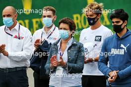 (L to R): Bruno Michel (FRA) F2 CEO; Nathalie Hubert (FRA); Pierre Gasly (FRA) AlphaTauri; and Juan Manuel Correa (USA) - a minute's silence for Anthoine Hubert is observed before the F2 race. 29.08.2020. Formula 1 World Championship, Rd 7, Belgian Grand Prix, Spa Francorchamps, Belgium, Qualifying Day.