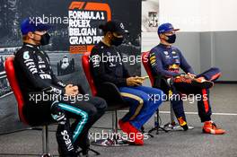 (L to R): Valtteri Bottas (FIN) Mercedes AMG F1; Lewis Hamilton (GBR) Mercedes AMG F1; Max Verstappen (NLD) Red Bull Racing, in the post qualifying FIA Press Conference. 29.08.2020. Formula 1 World Championship, Rd 7, Belgian Grand Prix, Spa Francorchamps, Belgium, Qualifying Day.