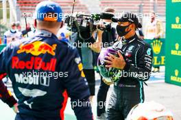 Lewis Hamilton (GBR) Mercedes AMG F1 with Max Verstappen (NLD) Red Bull Racing in qualifying parc ferme. 29.08.2020. Formula 1 World Championship, Rd 7, Belgian Grand Prix, Spa Francorchamps, Belgium, Qualifying Day.