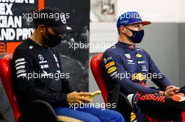(L to R): Lewis Hamilton (GBR) Mercedes AMG F1 and Max Verstappen (NLD) Red Bull Racing in the post qualifying FIA Press Conference. 29.08.2020. Formula 1 World Championship, Rd 7, Belgian Grand Prix, Spa Francorchamps, Belgium, Qualifying Day.