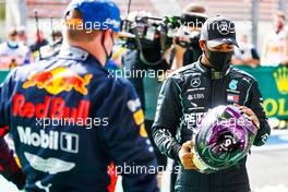 Lewis Hamilton (GBR) Mercedes AMG F1 with Max Verstappen (NLD) Red Bull Racing in qualifying parc ferme. 29.08.2020. Formula 1 World Championship, Rd 7, Belgian Grand Prix, Spa Francorchamps, Belgium, Qualifying Day.