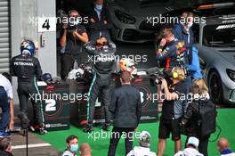 Pole sitter Lewis Hamilton (GBR) Mercedes AMG F1 in qualifying parc ferme with Valtteri Bottas (FIN) Mercedes AMG F1 and Max Verstappen (NLD) Red Bull Racing. 29.08.2020. Formula 1 World Championship, Rd 7, Belgian Grand Prix, Spa Francorchamps, Belgium, Qualifying Day.