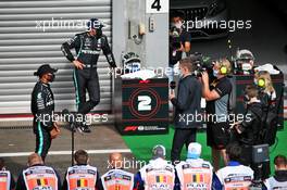 Lewis Hamilton (GBR) Mercedes AMG F1 with Paul di Resta (GBR) Sky Sports F1 Presenter and Valtteri Bottas (FIN) Mercedes AMG F1 in qualifying parc ferme. 29.08.2020. Formula 1 World Championship, Rd 7, Belgian Grand Prix, Spa Francorchamps, Belgium, Qualifying Day.