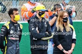 (L to R): Daniel Ricciardo (AUS) Renault F1 Team; Esteban Ocon (FRA) Renault F1 Team and Aurelie Donzelot (FRA) Renault F1 Team Media Communications Manager  - a minute's silence for Anthoine Hubert is observed before the F2 race. 29.08.2020. Formula 1 World Championship, Rd 7, Belgian Grand Prix, Spa Francorchamps, Belgium, Qualifying Day.